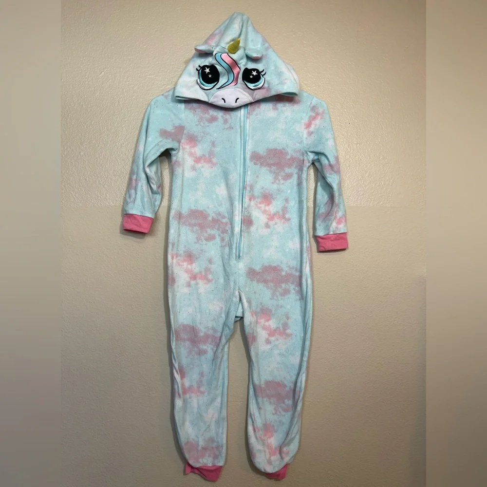 Sparkly Unicorn Hooded Kids One Piece - Blue and Pink XS 4/5